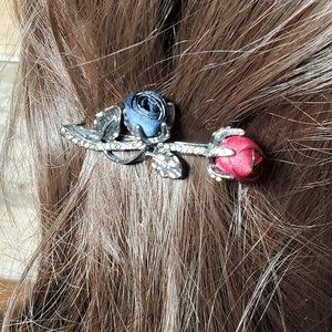 Dark Blue & Red - Petite Silk Roses Hair Barrette - Hair Clip